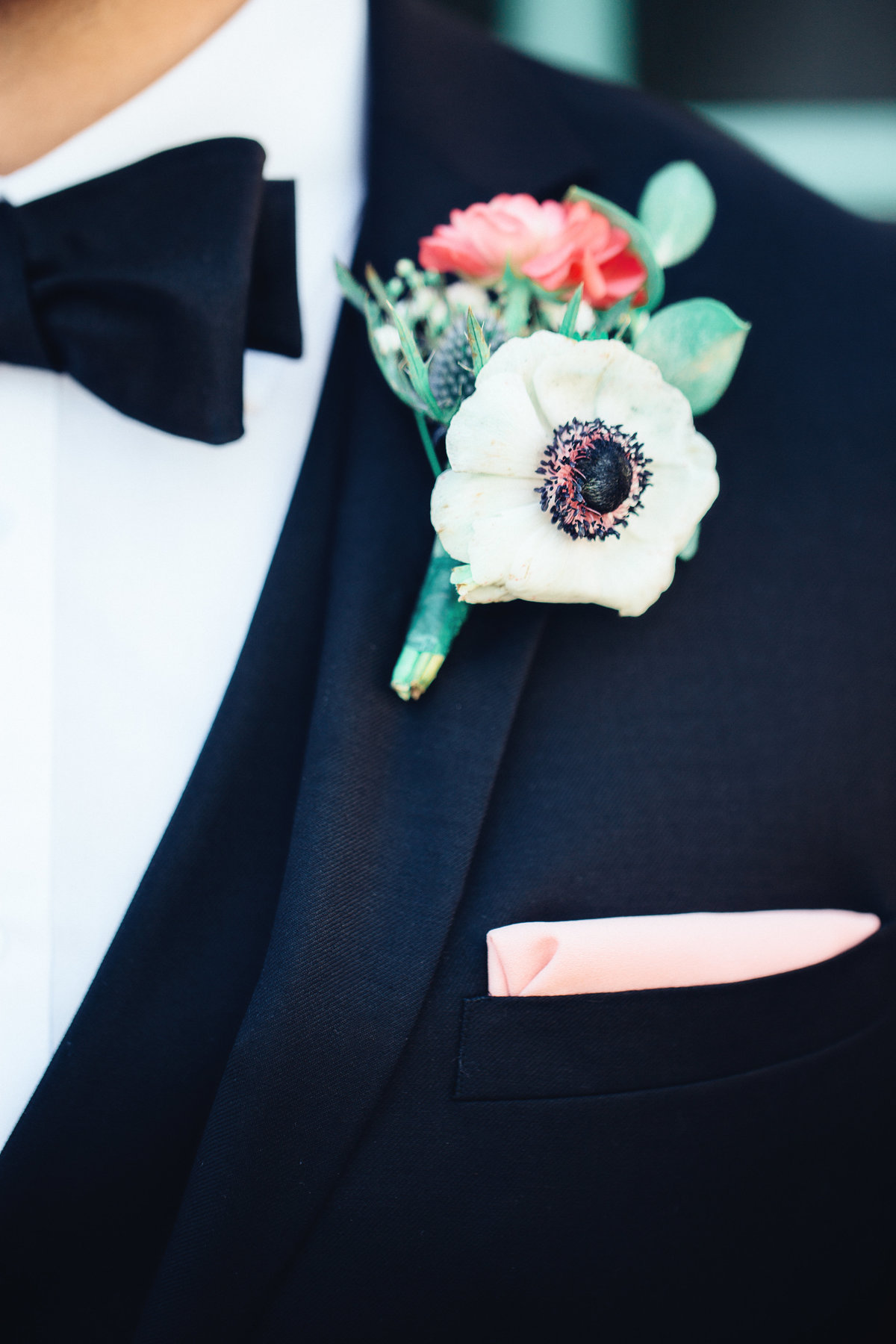 Wedding Photograph Of Corsage Pinned to The Black Suit of Groom Los Angeles