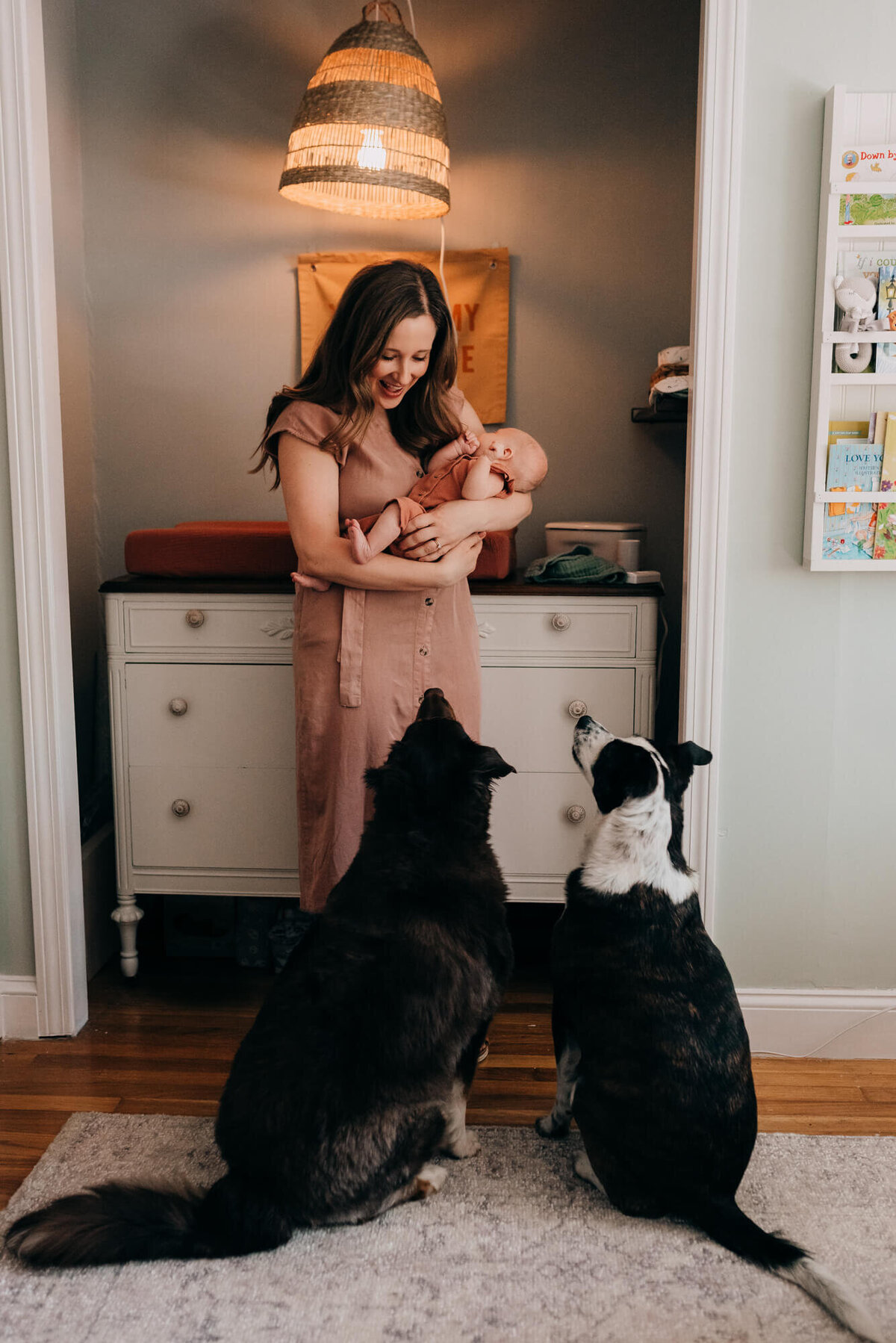 A young mother holds her newborn daughter after a diaper change while her two dogs look on
