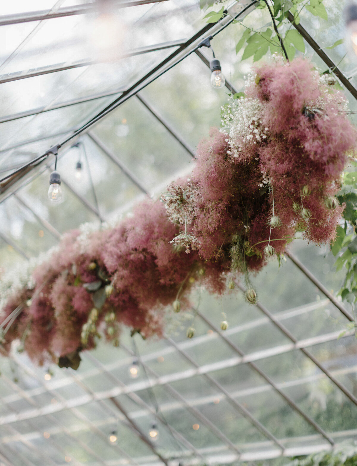 smokebush hanging floral installation at Glass House Community wedding, Michigan 