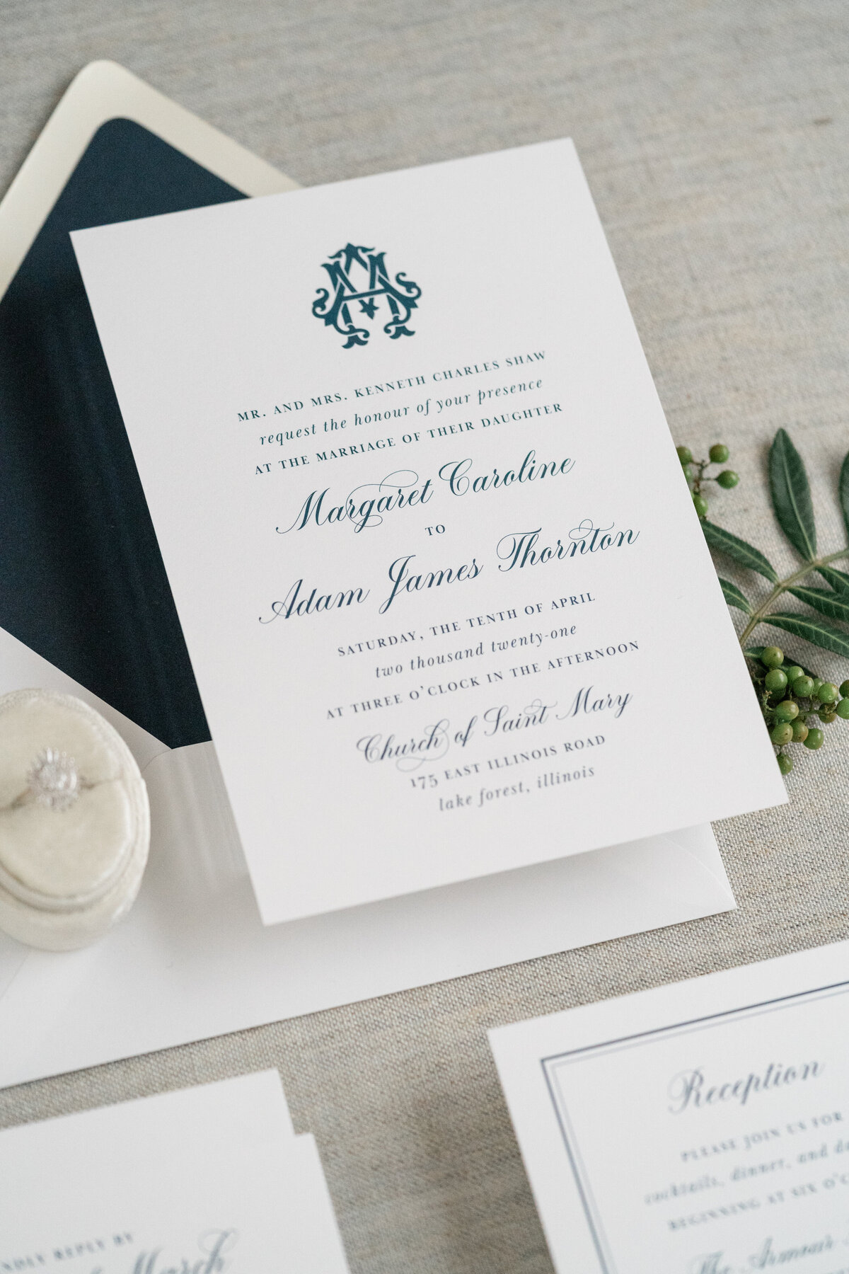 Classic Navy Blue Semi-Custom Wedding Invitation with Script and Monogram