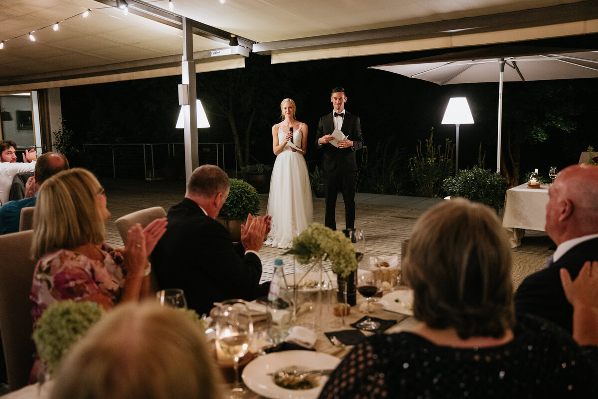 Outdoor dining terrace at La Vimea during sunset