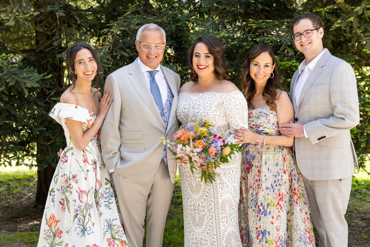 A bride with wedding guests on either side of them