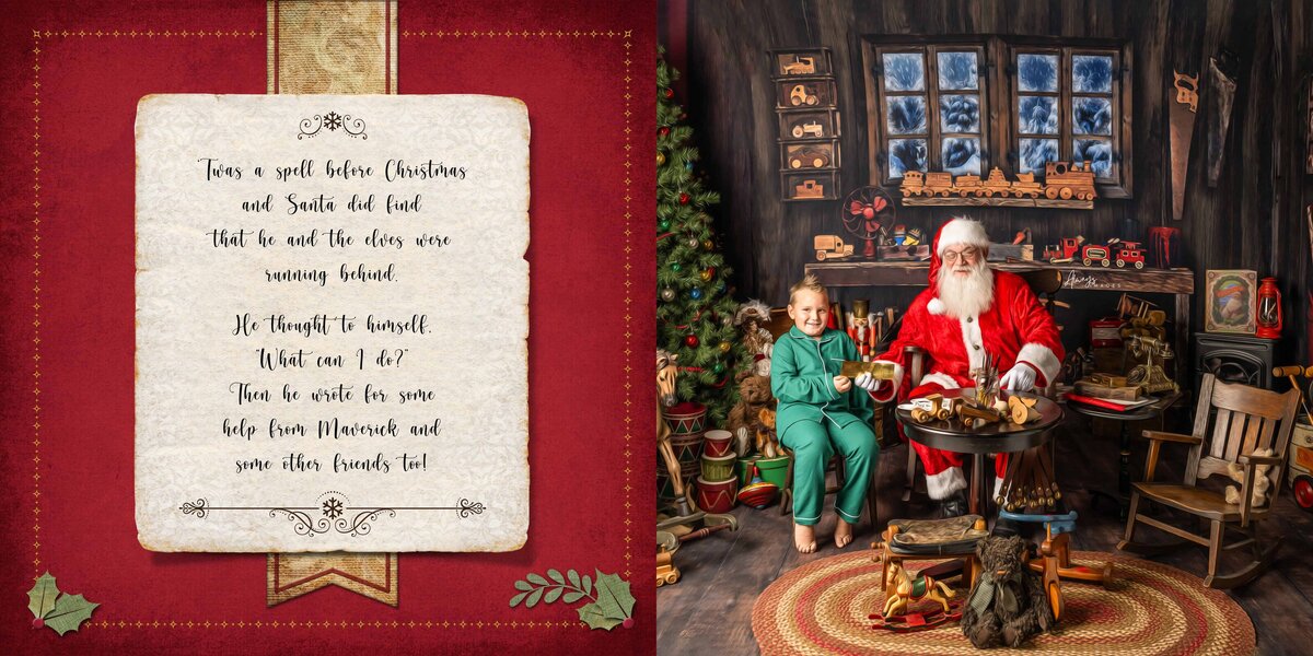 Storybook page with red and green and child sitting with Santa