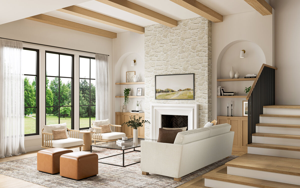 Interior design rendering of a living room by Ashley de Boer Interiors.
