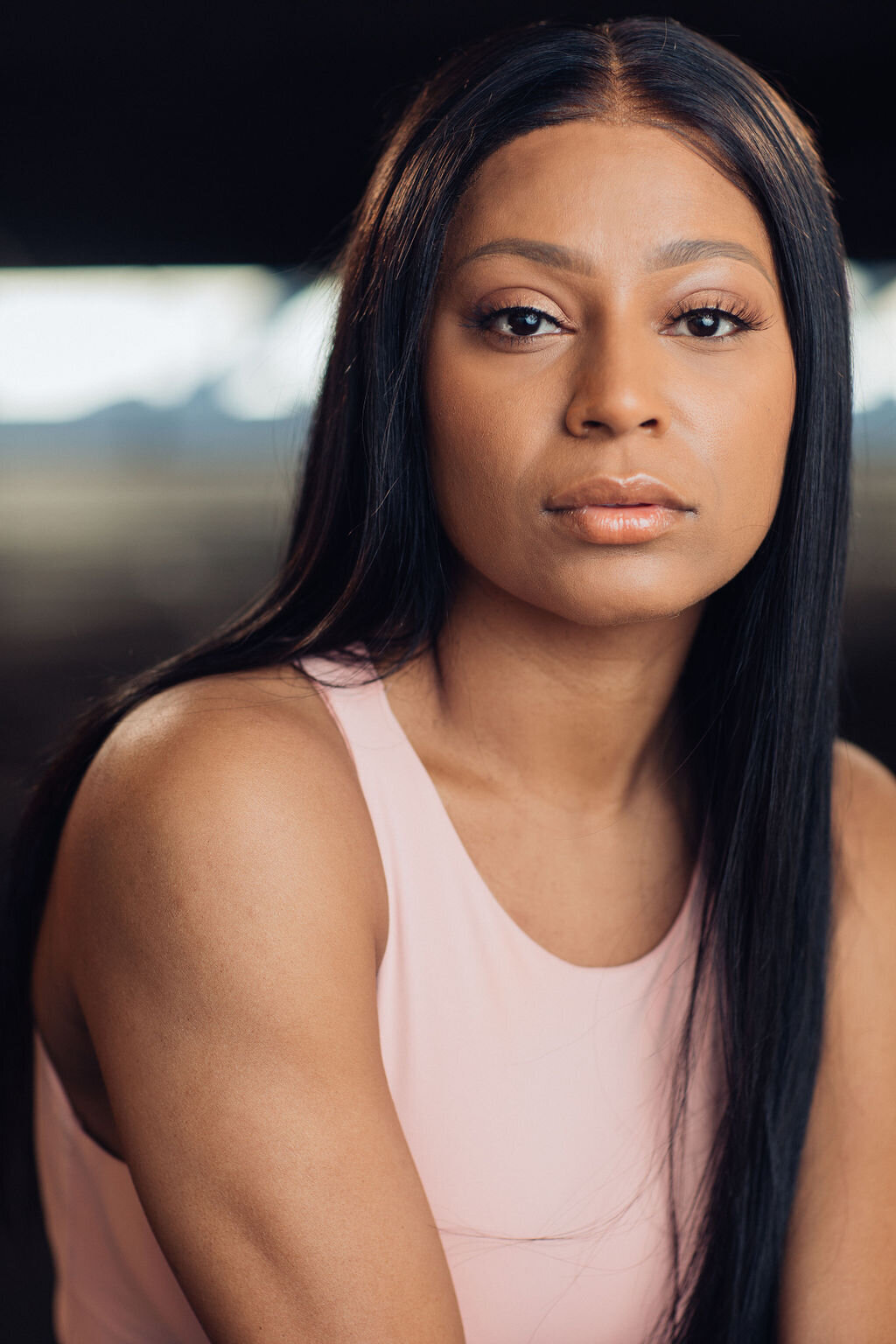 Headshot Photograph Of Woman In Light Pink Tank Top Los Angeles