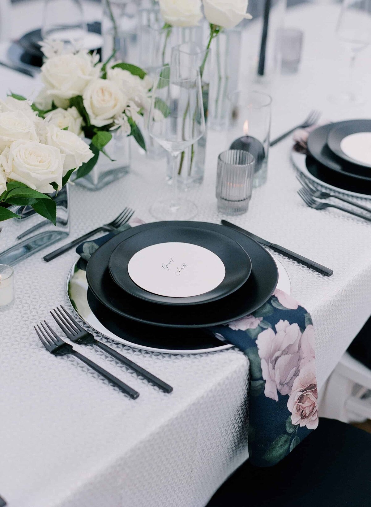 Black and white wedding table settings