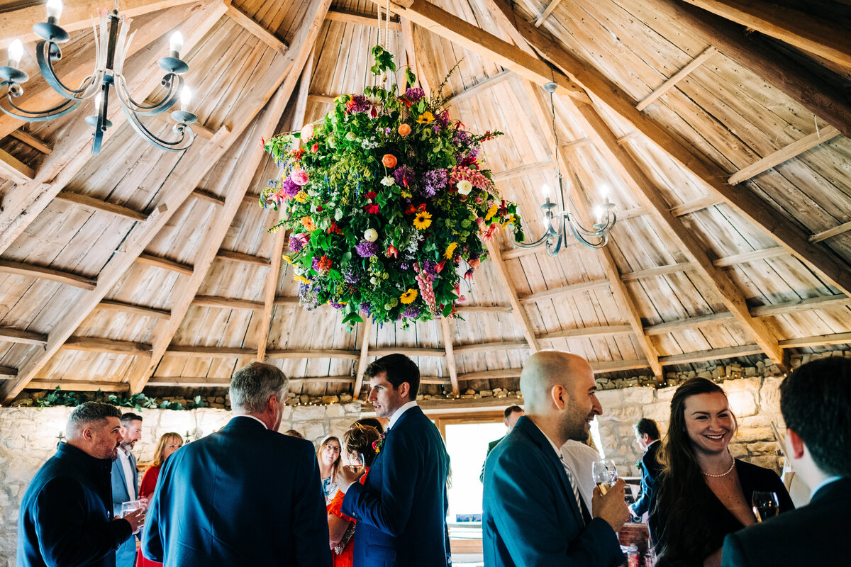 large floral ball barn ceiling wedding