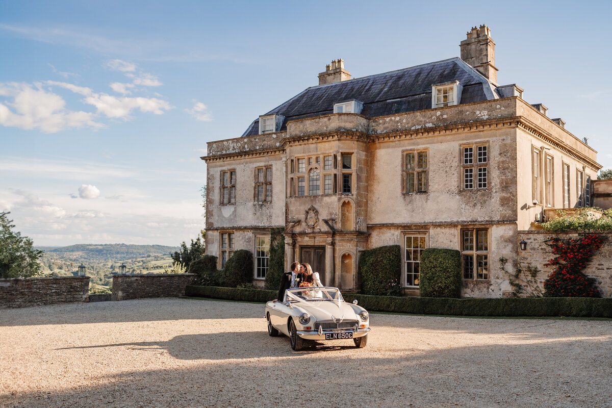 Hamswell House in Bath Wedding Photography Couple in Car during couples portraits