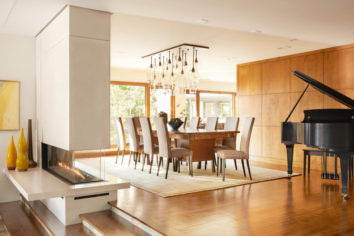 Panageries Residential Interior Design | Pacific NW Modern Dwelling Formal Dining Room with Modern Lighting Overhead