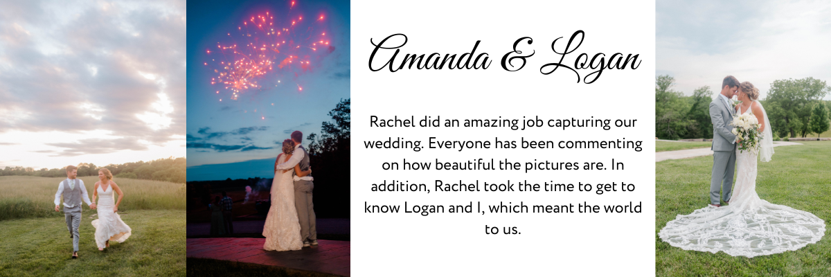 A couple poses for the camera at their wedding in an open field, and while watching fireworks.