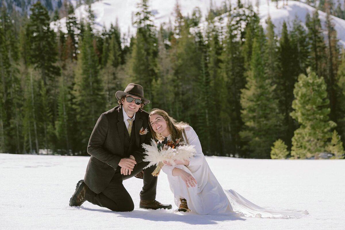 Bride and Groom portrait  during winter elopement Tahoe