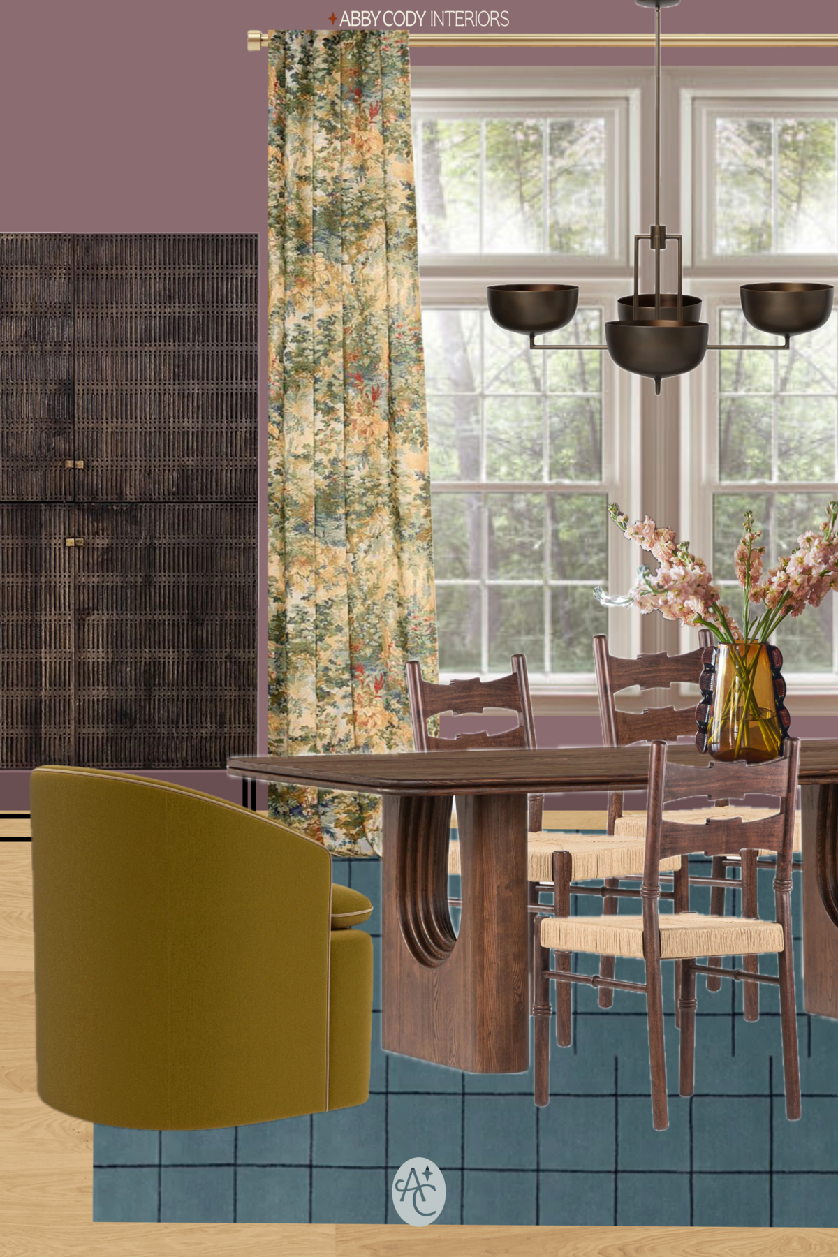 lulu and georgia dining room moodboard mockup, blue teal rug, funky dining table, green chartreuse olive dining chairs, wood and upholstered dining chairs, floral curtains, modern china cabinet