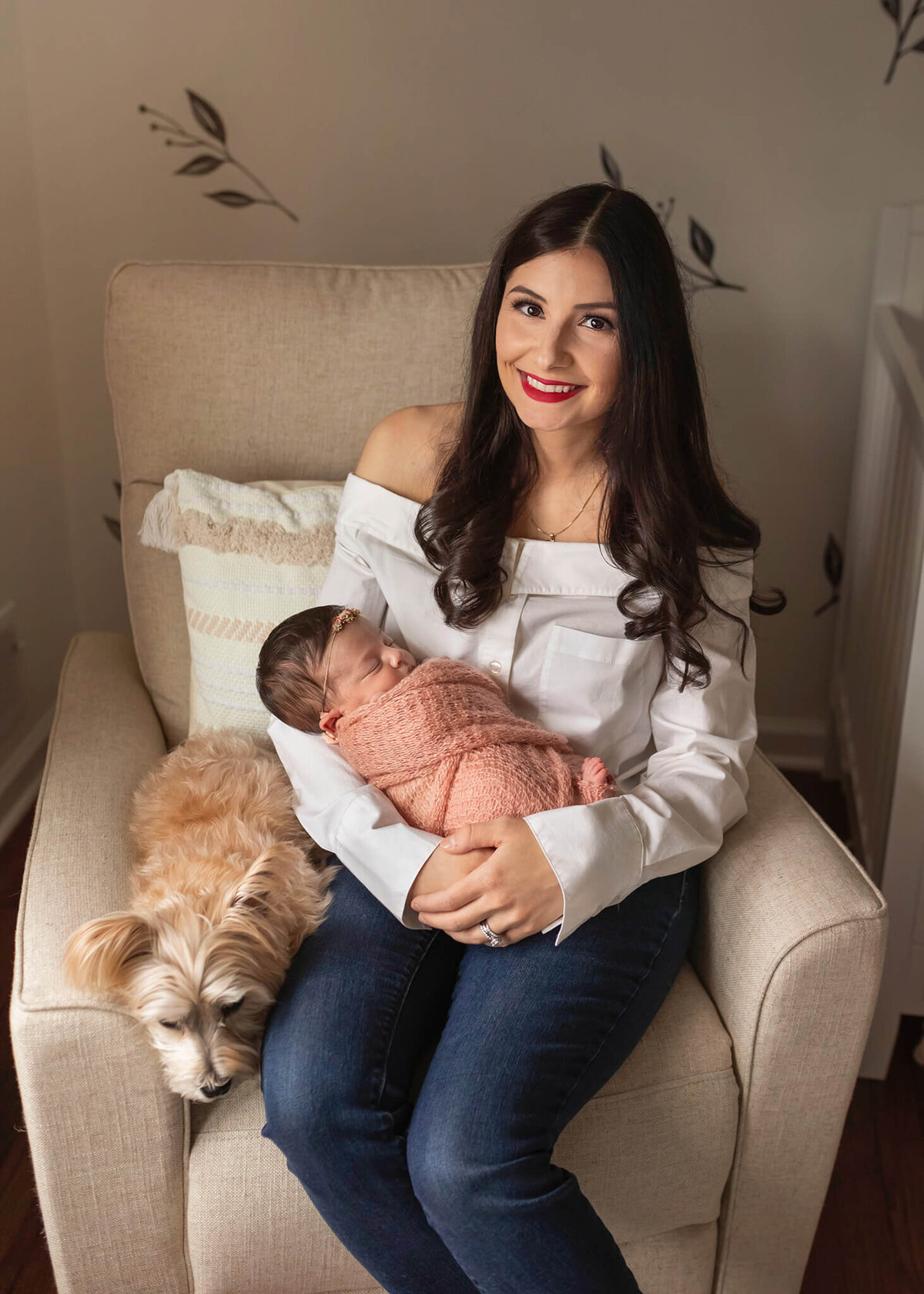 NJ newborn photos of mom with her baby and dog