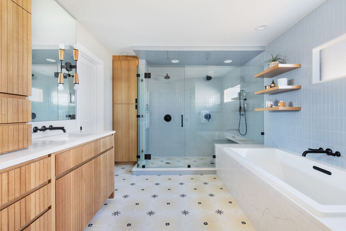 spa bathroom blue tile wood and marble 2