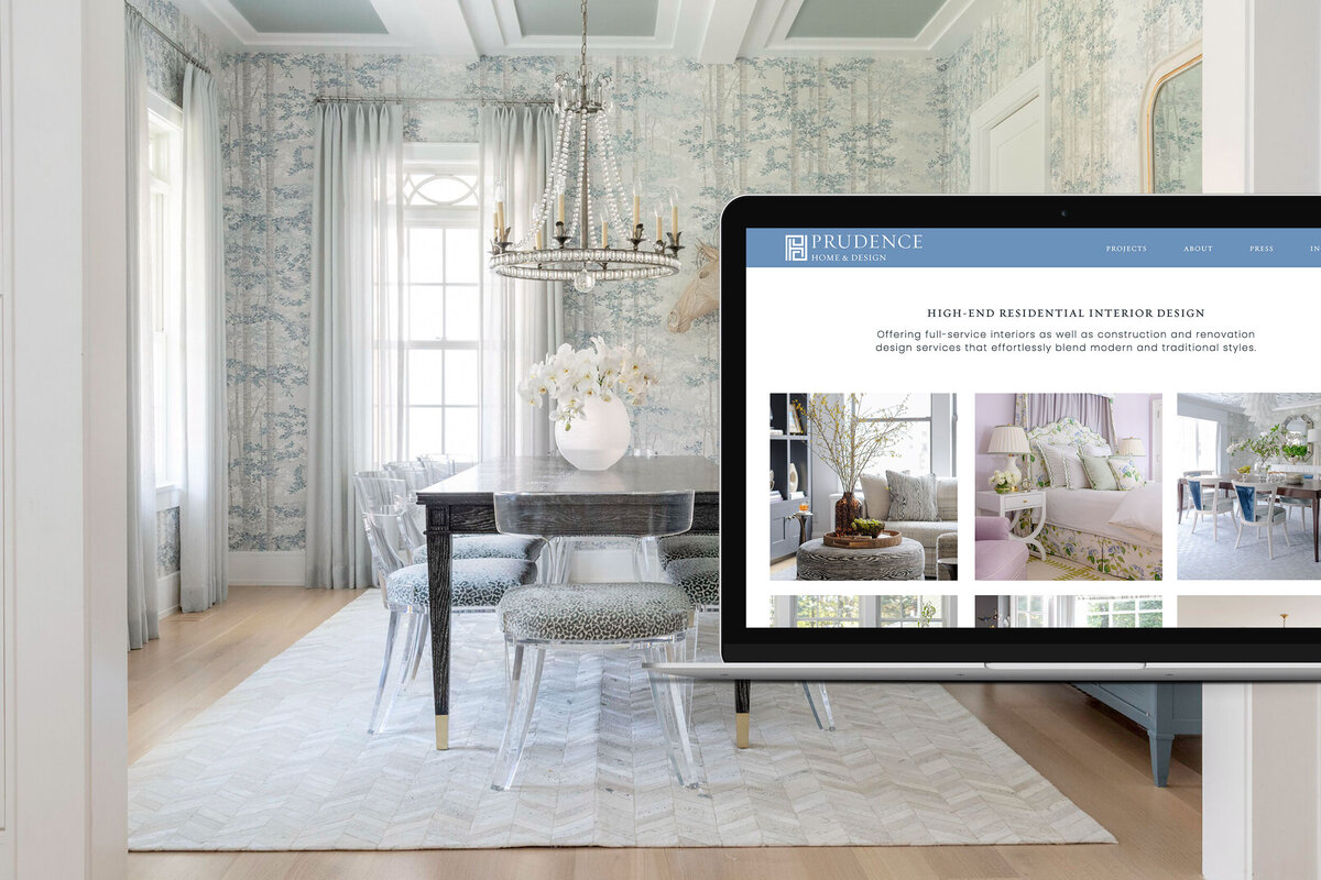 Mac Laptop mockup of Prudence Hom e& Design Portfolio page with dining room interior design image behind