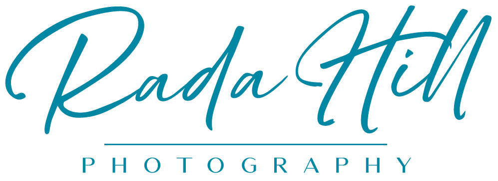 Rada Hill Photography log teal writing on white backgraound