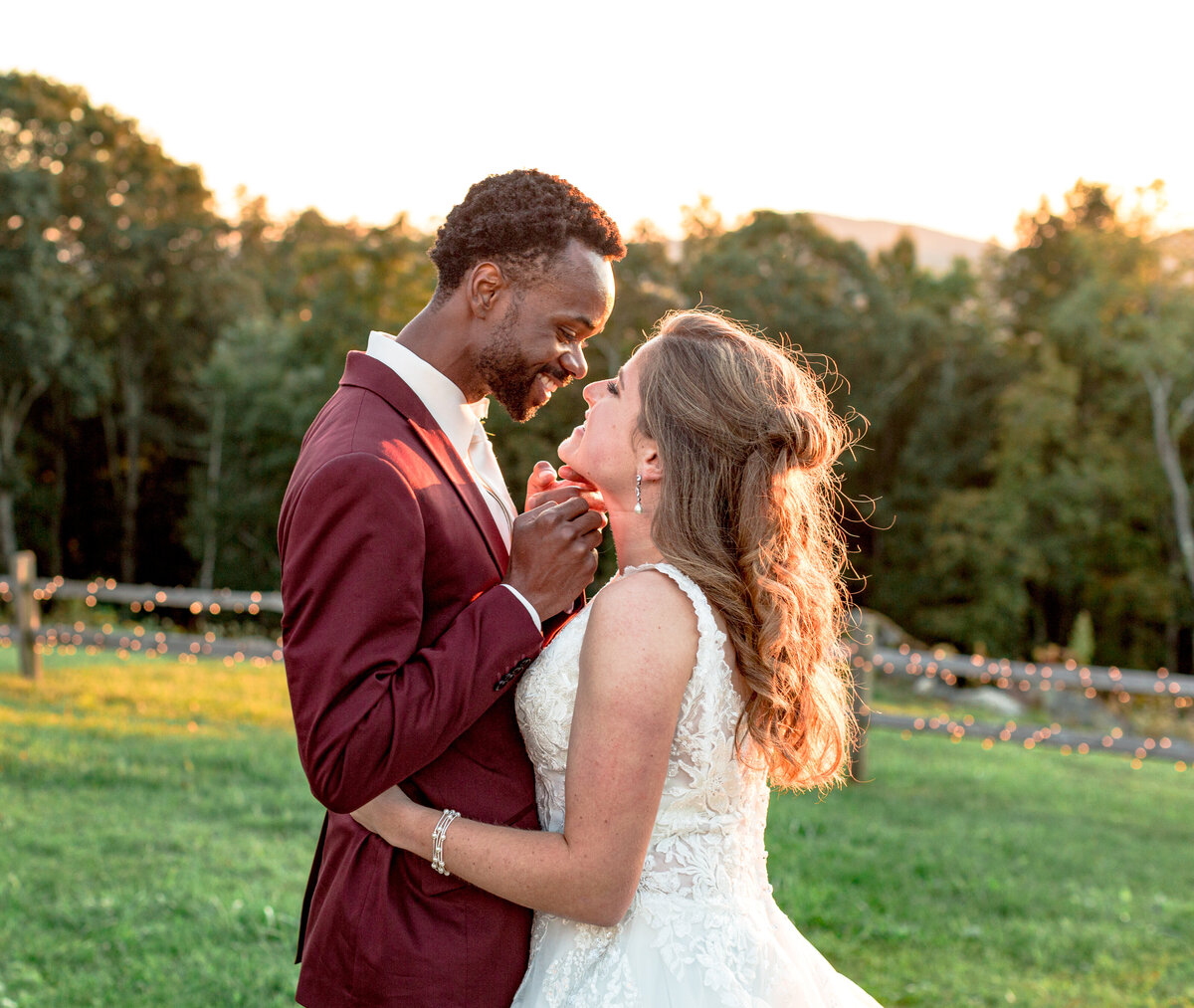 Sunset portrait of a bride and groom on their wedding day in Newland, NC