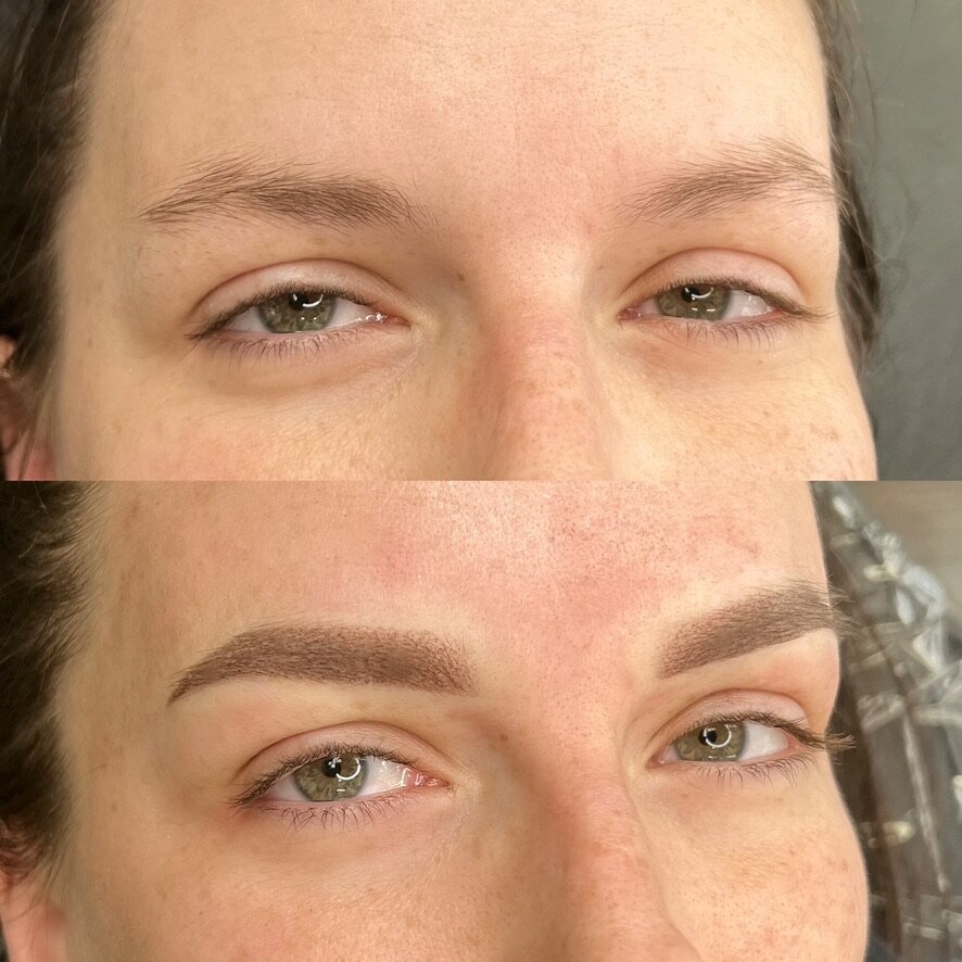 before and after photos of person with powder brows.