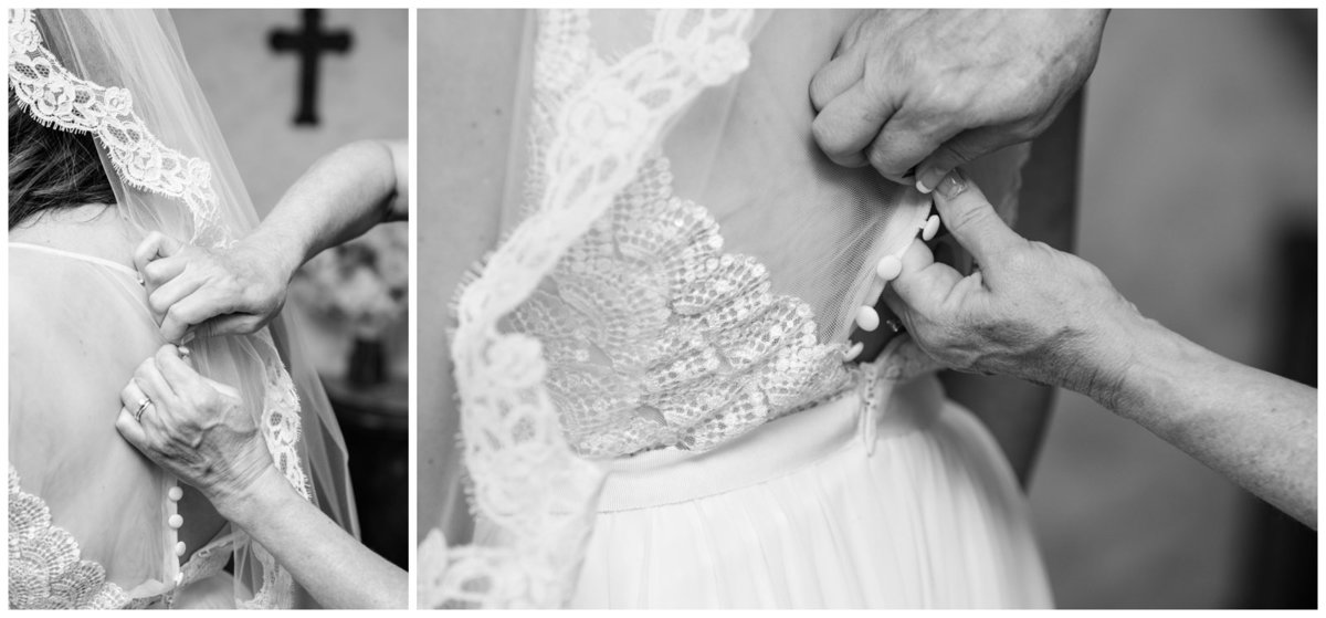 TFWC Mansion Austin wedding photographer putting on brides dress