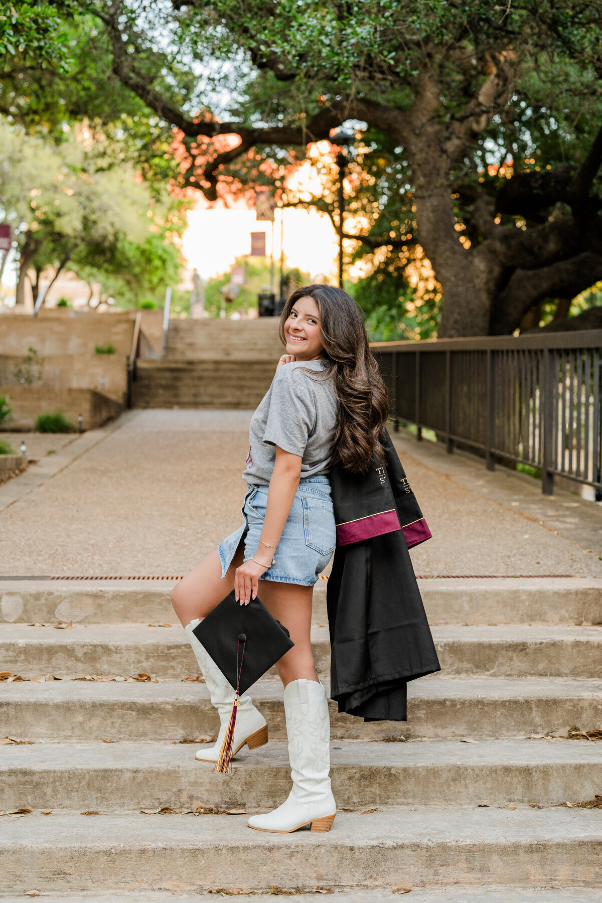 Texas State University senior girl at Old Main