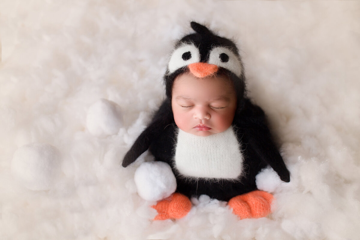 baby girl dressed in a penguin suit and holding a snowball