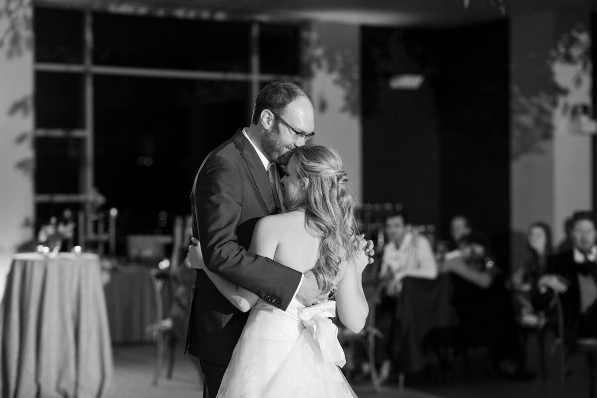 black and white image of bride and groom sharing their first dance at aspen meadows resort