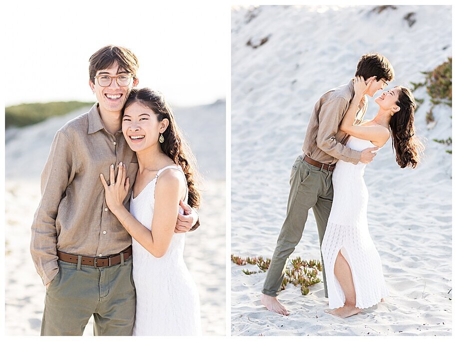 engaged couple laughing  in sand dunes
