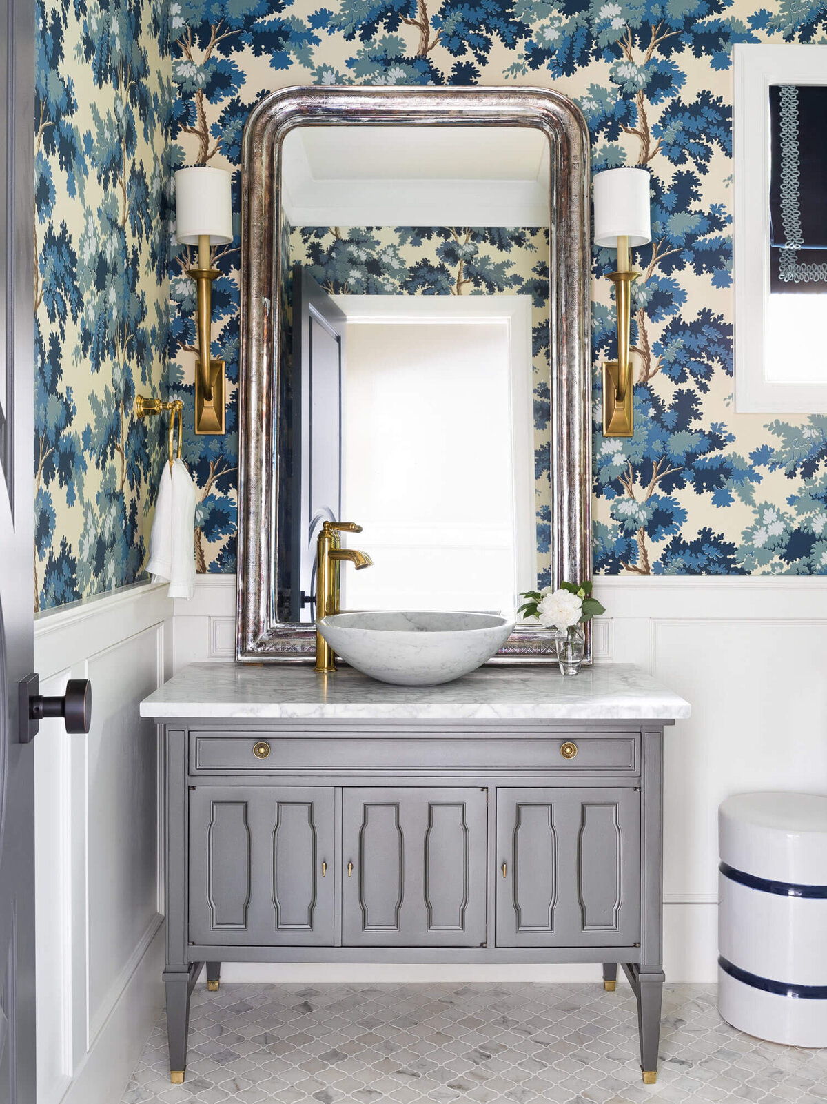blue-wallpaper-bathroom-silver-mirror-antique-dresser-converted-sink