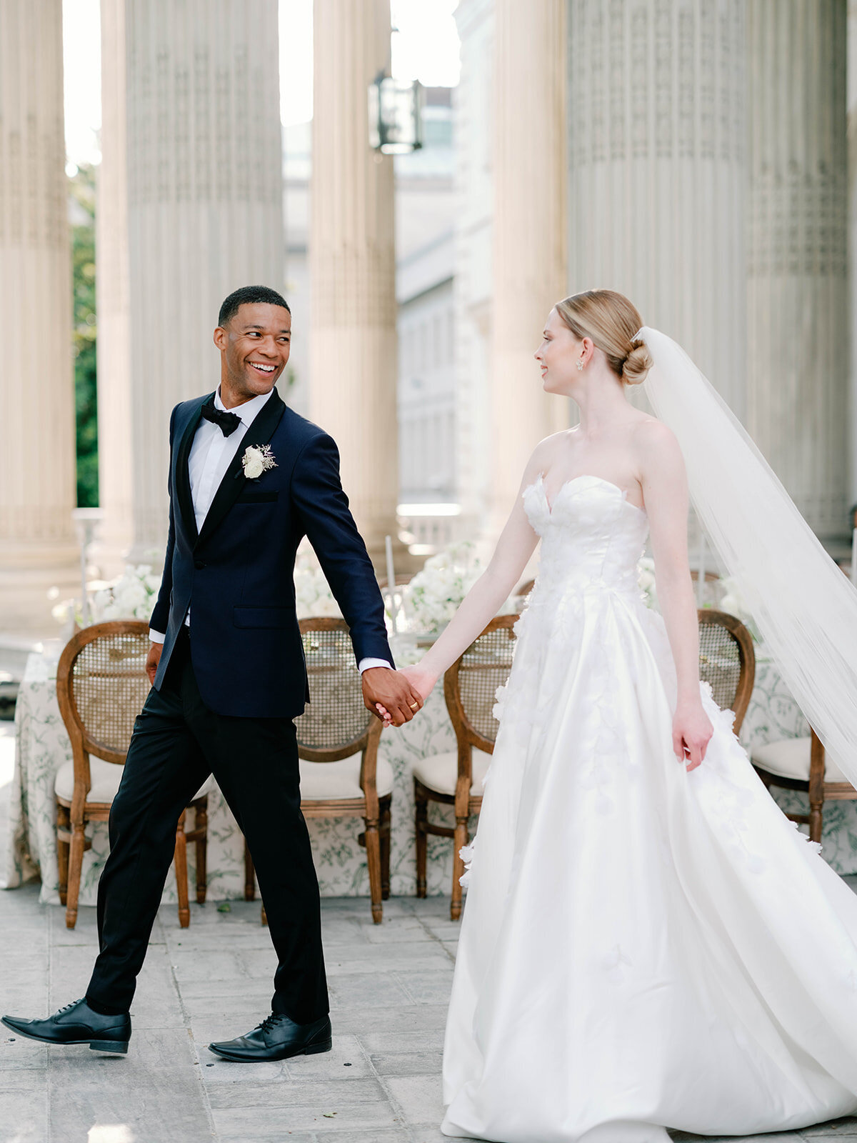 Couple walking side by side at reception in Loudoun County