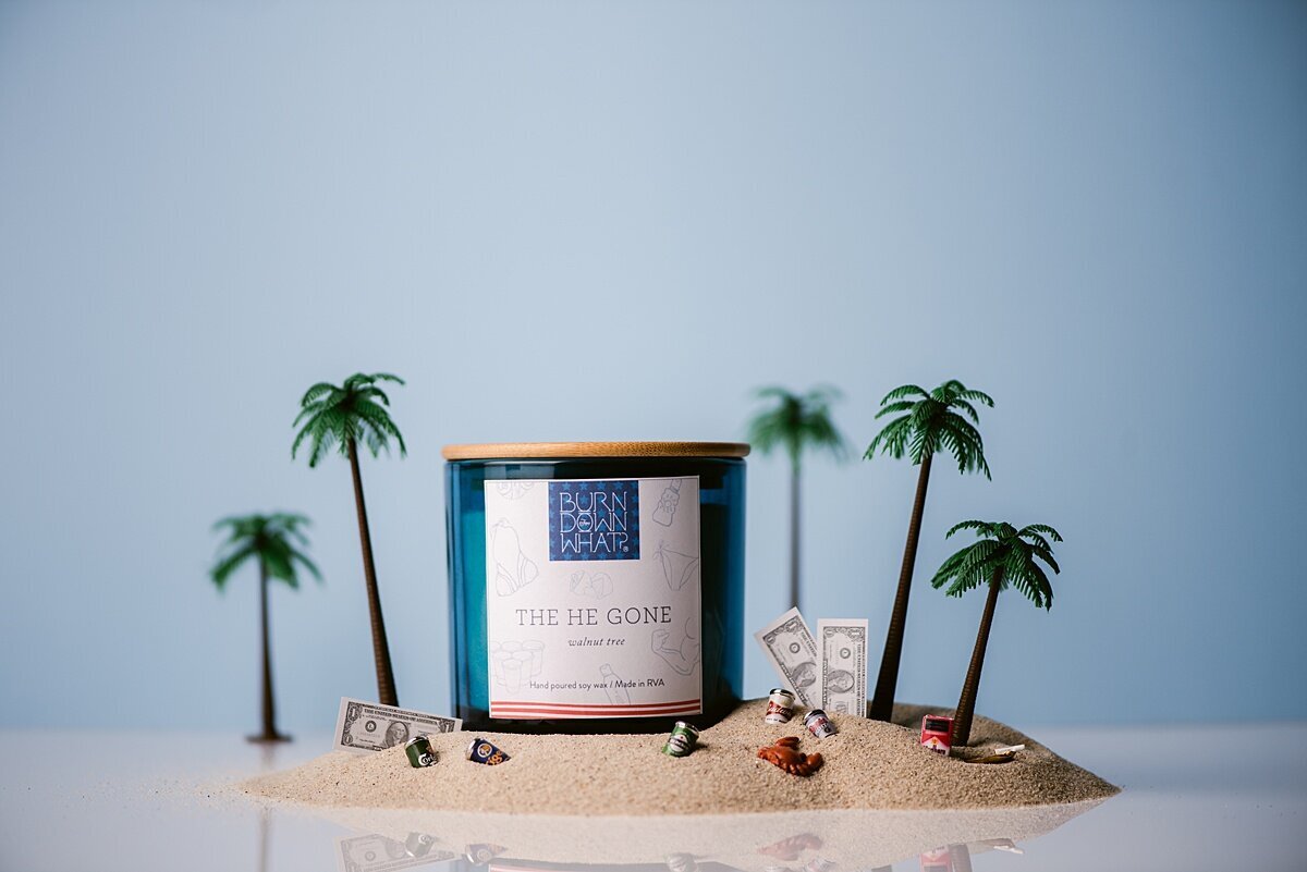 Candle product photography with beach scene