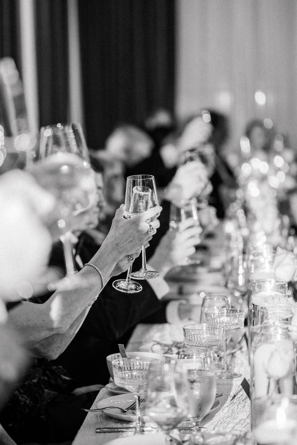 Wedding at Dover Hall in Manakin-Sabot, VA | Wedding Photographer in Richmond | black and white image of wedding guests in Dover Hall Estate raising their glasses to toast the newlywed couple