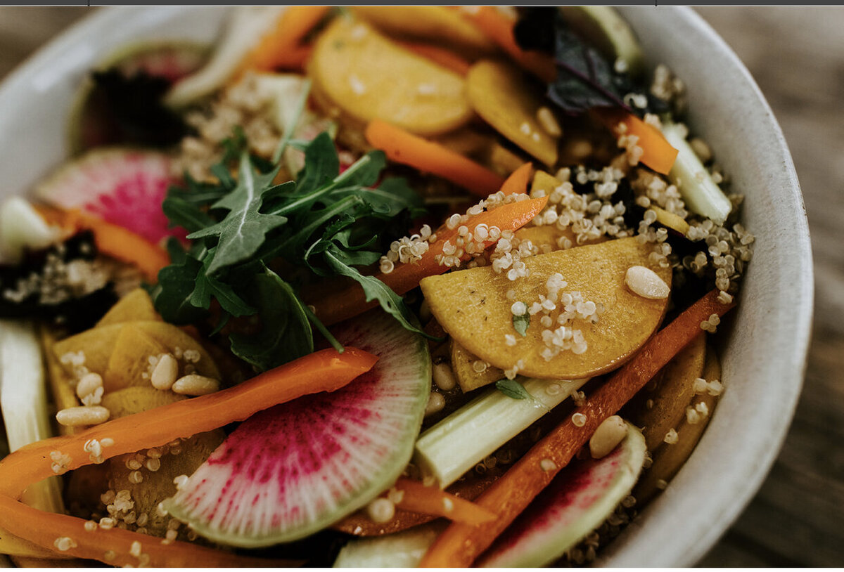 farm to table fresh vegetable power bowl with rainbow radish and quinoa served at Willowbrook wedding venue in Volant, PA