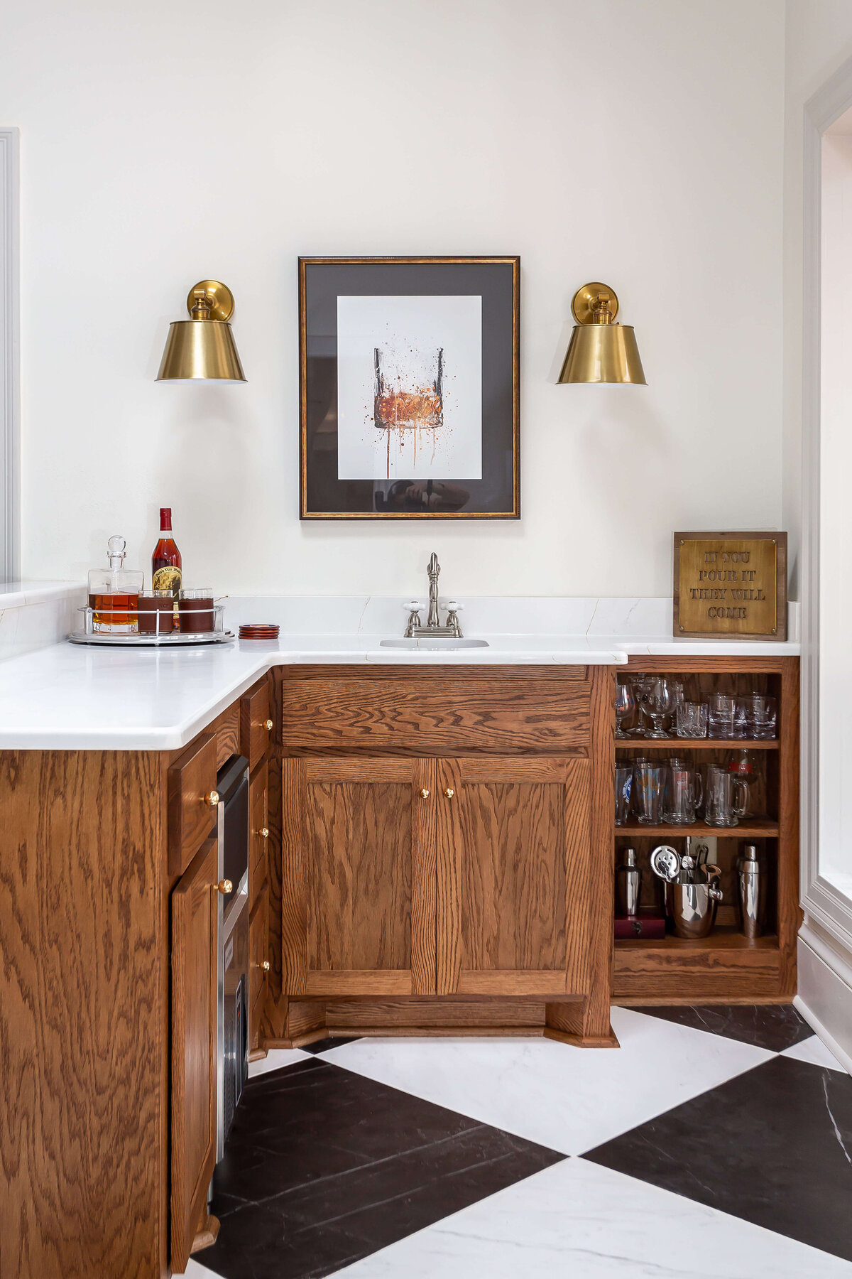 sweet southern home post project wooden cabinet black and white tiled floor
