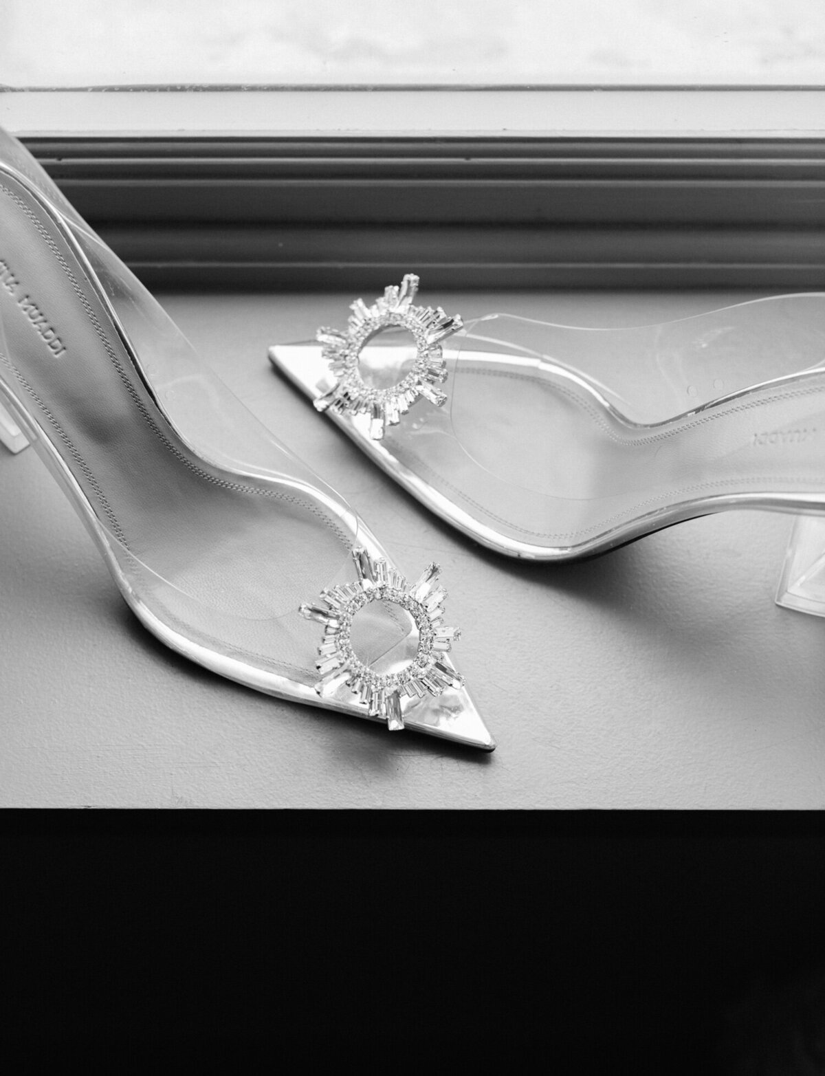clear Amina Muaddi wedding shoes with crystal detail, Detroit film wedding photographer