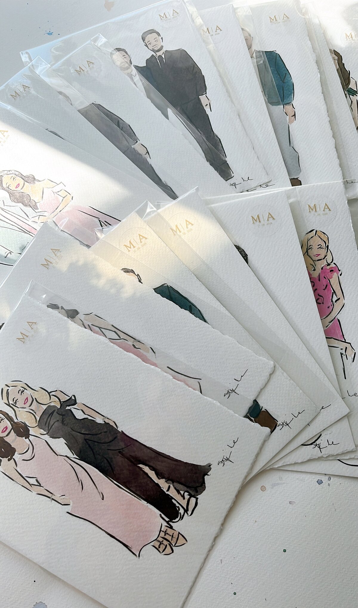 Multiple wedding party and couple illustration sketches by Stephanie Anne, highlighting her live event and custom wedding sketch services in Quebec