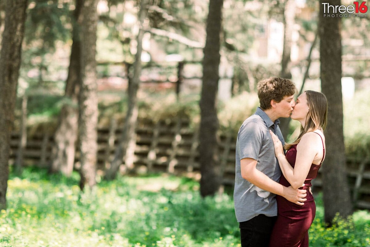 Engaged couple share a sweet kiss at Cedar Grove Park