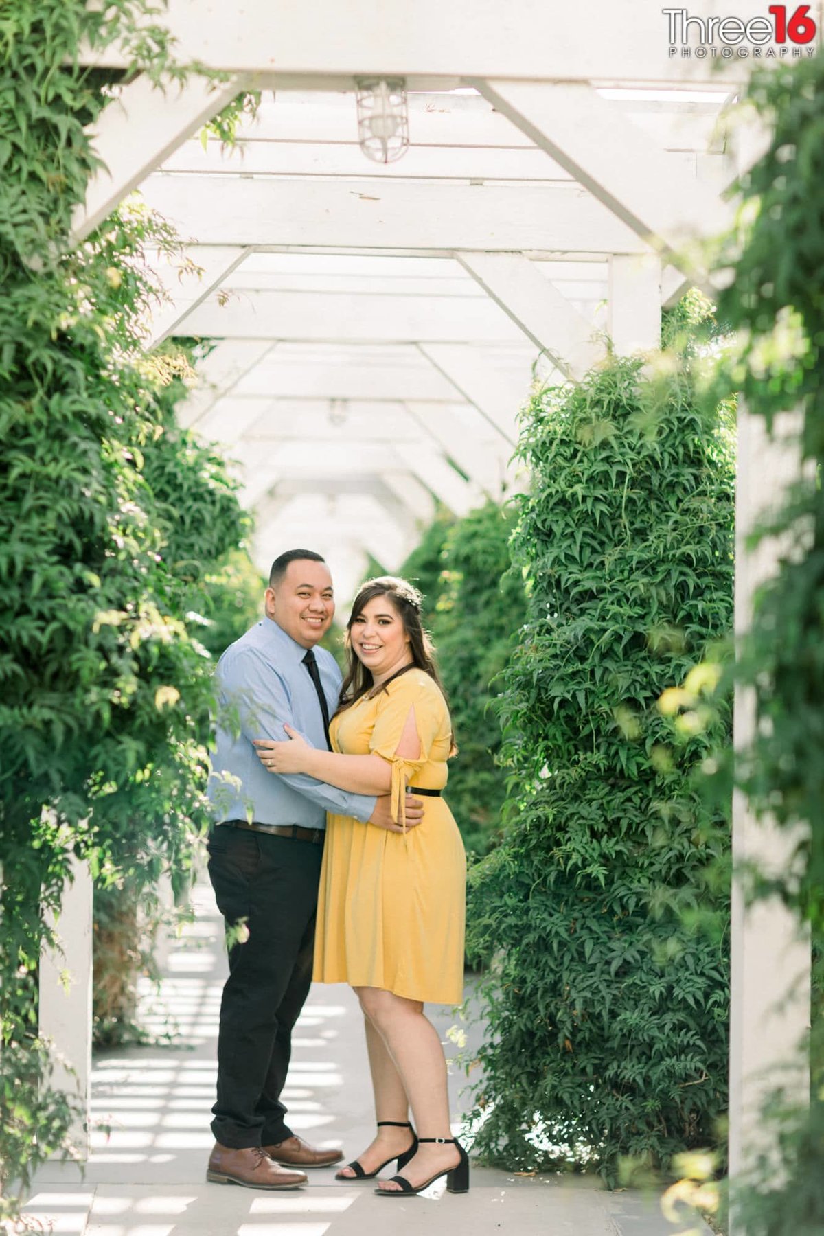 Engaged couple embrace amongst the shrubs during photo session