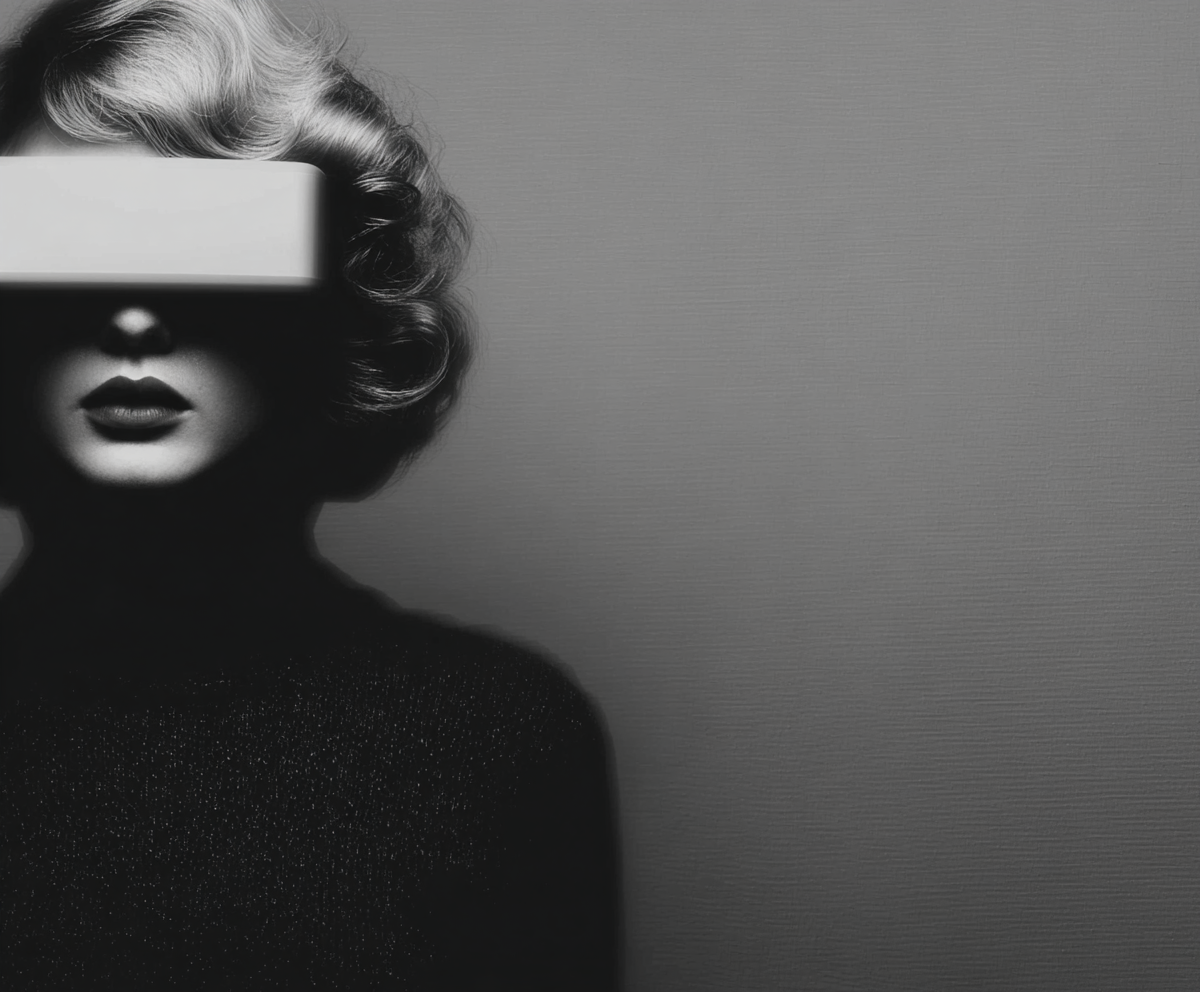 Black-and-white retro glam portrait of a woman in a VR headset, used to promote Jasmina Kimova’s visionary podcast on story design, branding, and the future of media.