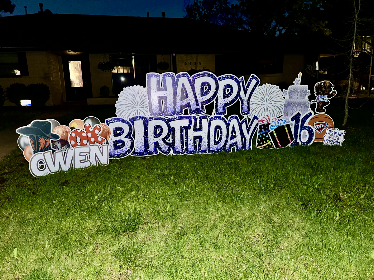 Custom birthday yard sign setup in Edmond, Oklahoma. Simply Sign It is a yard greeting rental company servicing Edmond, NW OKC, Piedmont, and Deer Creek. Order a yard greeting for birthdays, graduation, anniversary, back-to-school, and birth announcements.