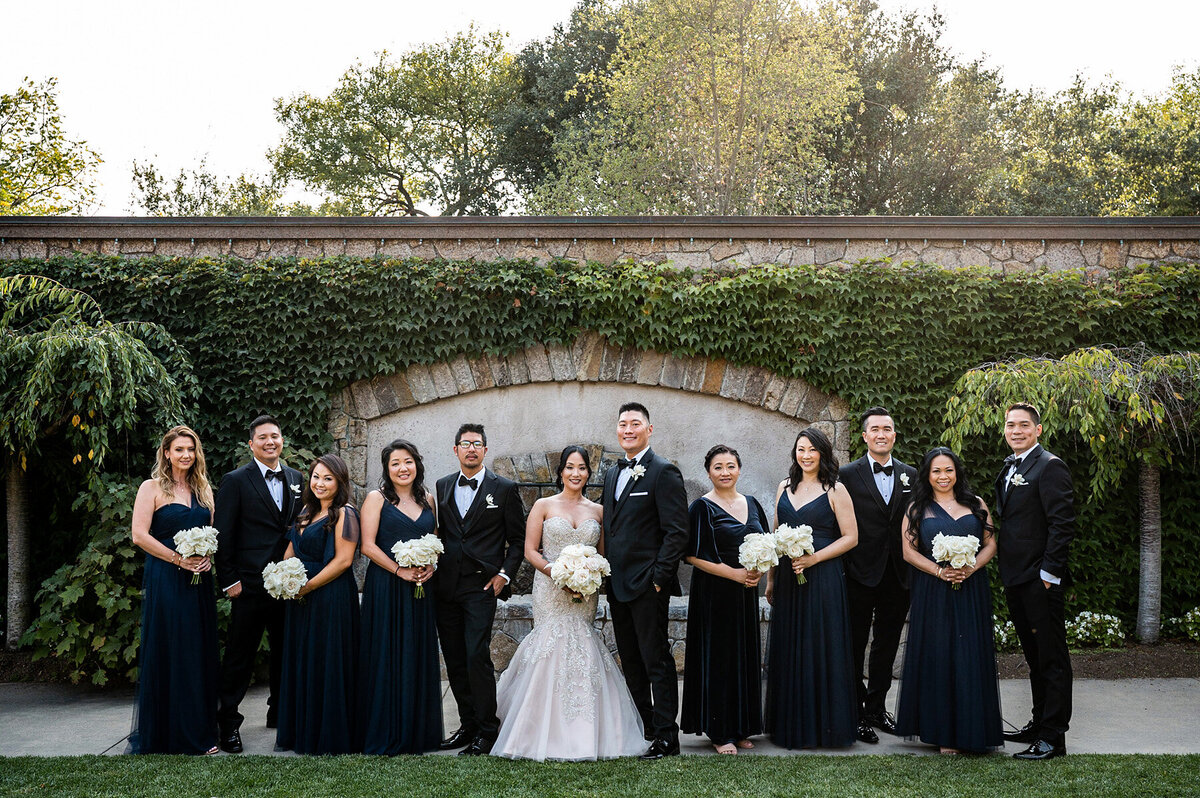 San Francisco Bay Area wedding photographer captures elegant wedding party group portrait with bride and groom against ivy-covered stone wall at Estate Yountville in Napa Valley