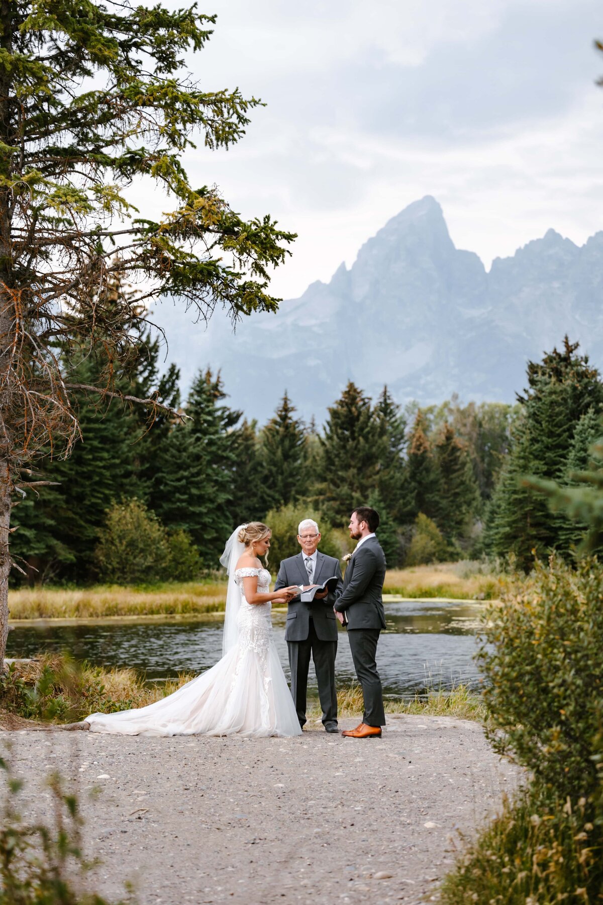 Wedding ceremony at Schwabacher Landing  in Grand Teton  National Park