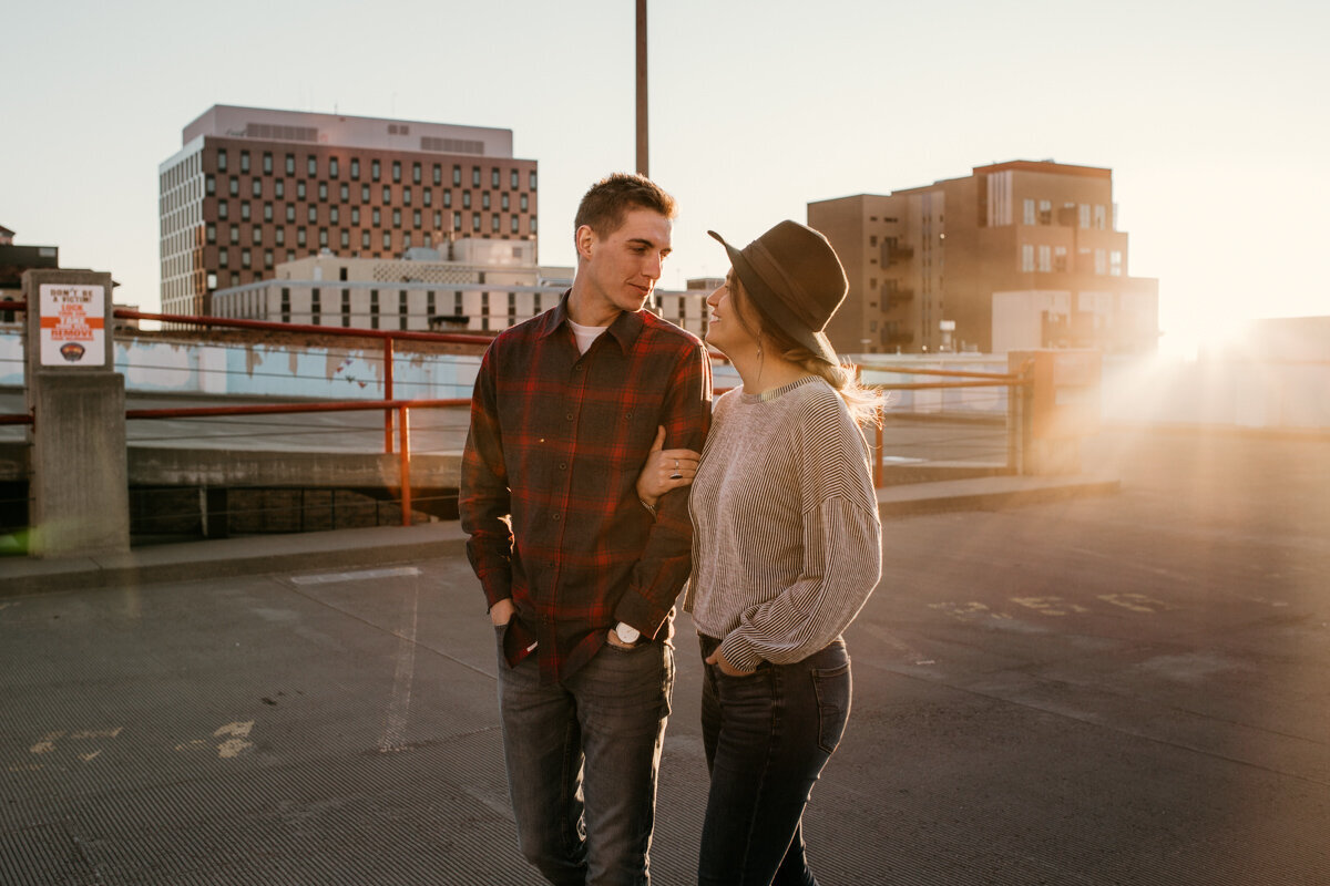 couple walking on parking garage downtown Albuquerque