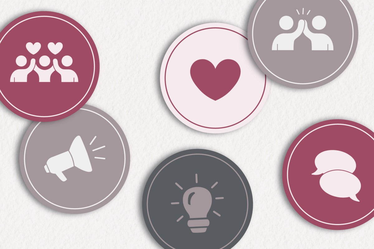 Custom brand icons — a heart, megaphone, lightbulb, speech bubbles