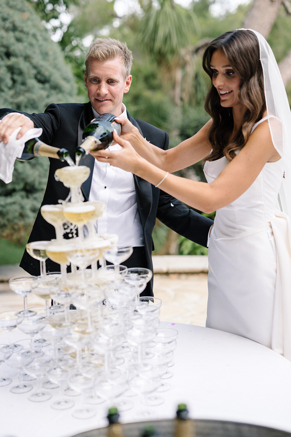 champagne tower at wedding cocktail hour french riviera