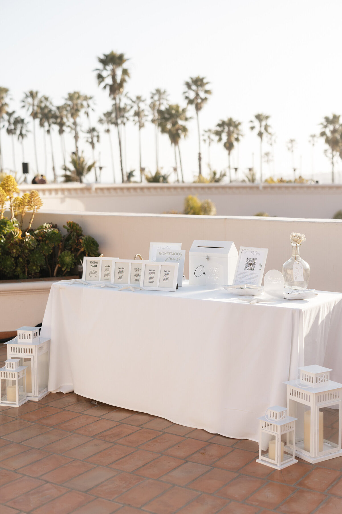 Welcome table at wedding at Hilton Beachfront Resort Santa Barbara in California