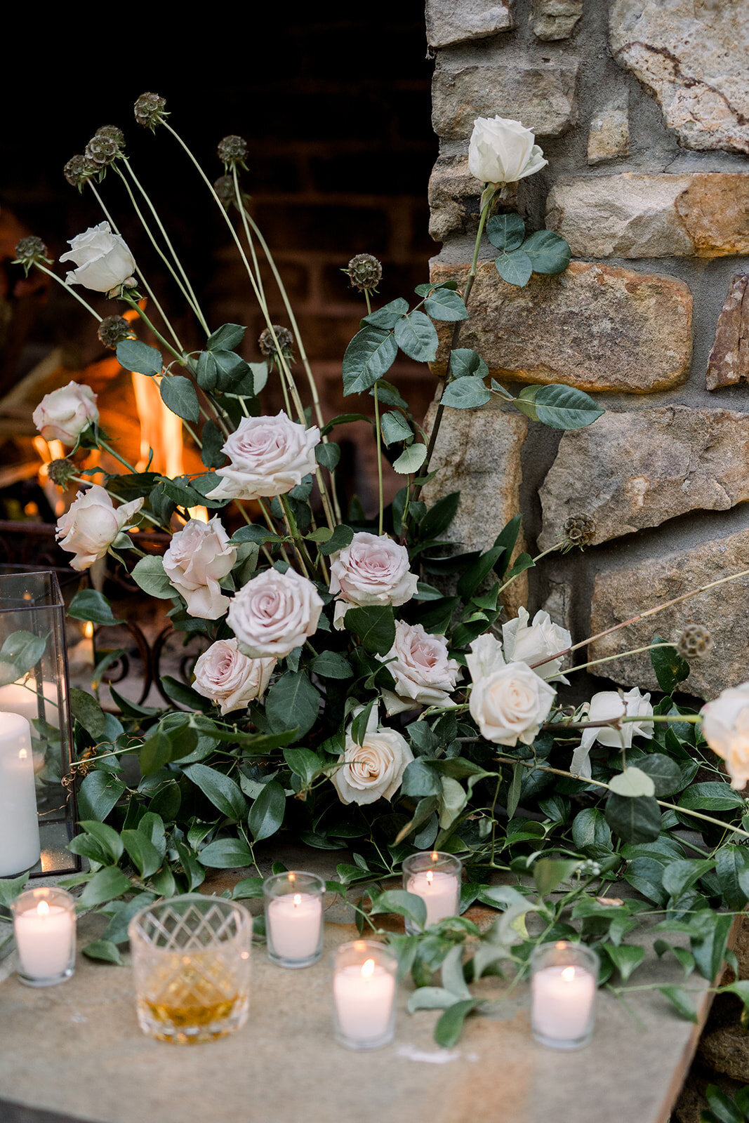 Kate Campbell floral september backyard elopement moody neutrals fireplace detail