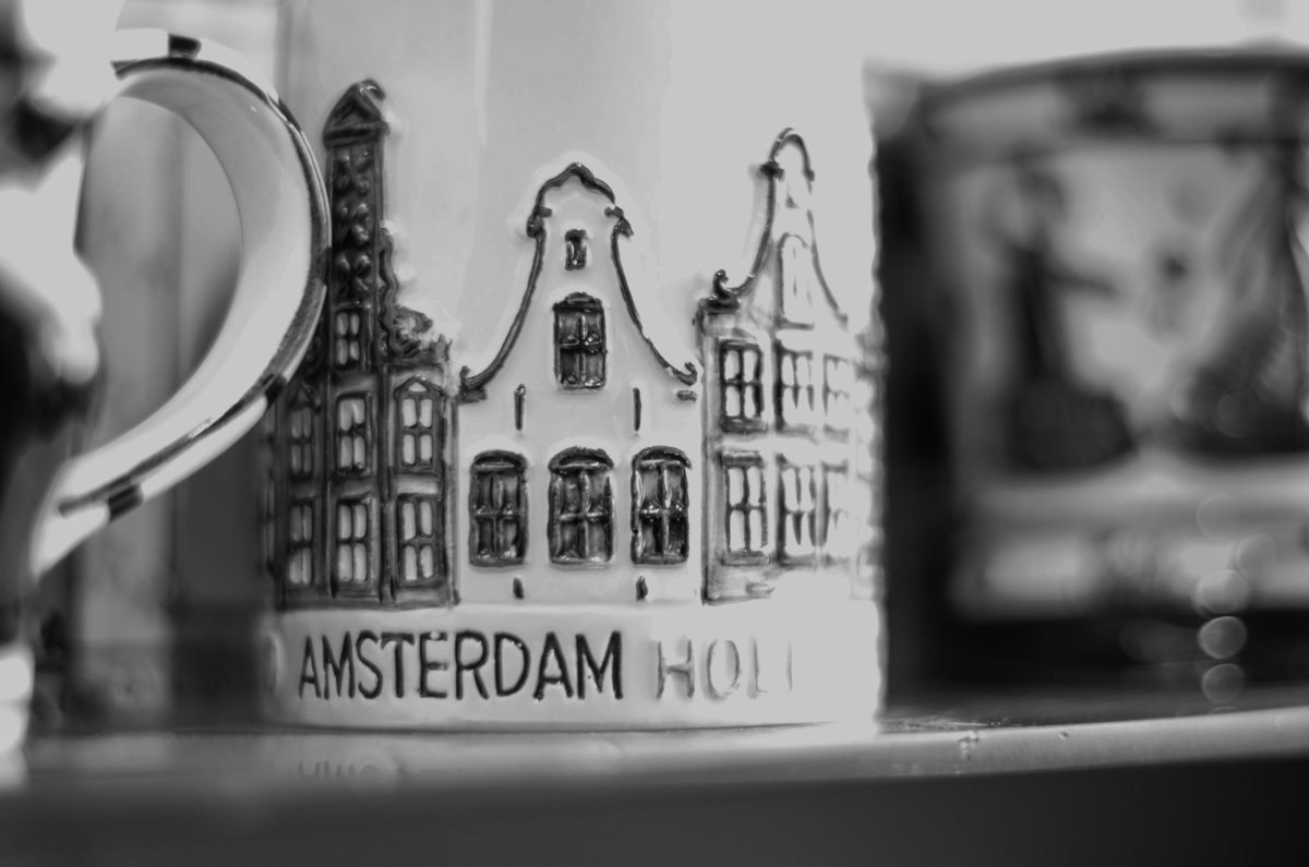 black and white image of Amsterdam coffee mug in Amsterdam, Netherlands