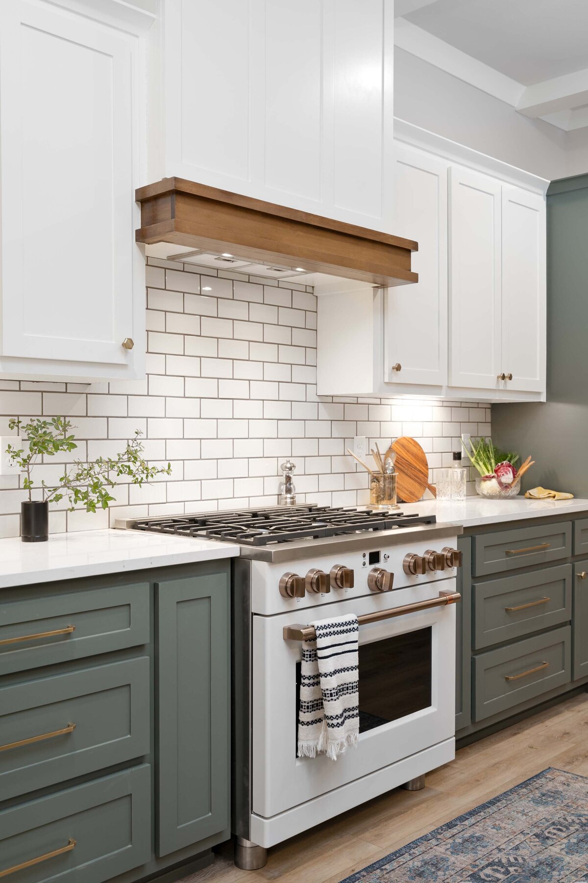 10 White Upper Cabinets Green Base Tulsa Kitchen Boulevard Interiors