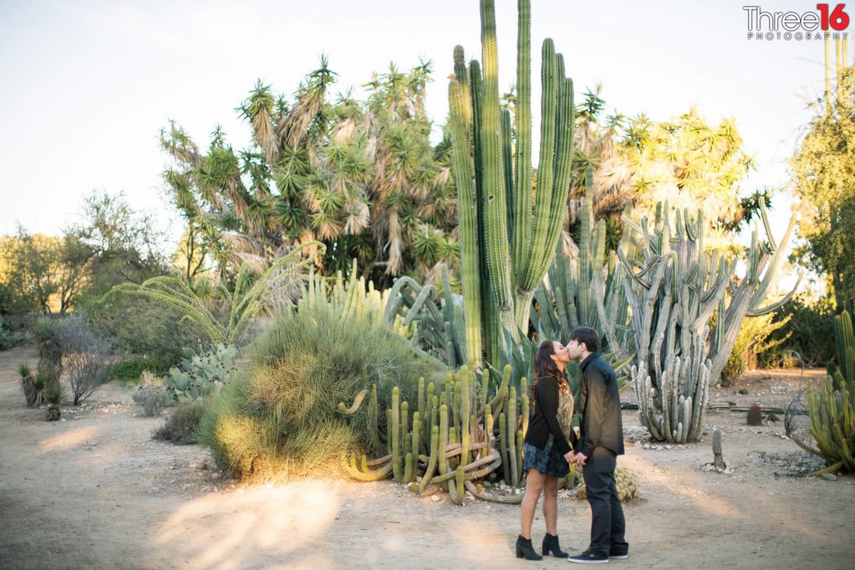 Engaged couple share a kiss in front of some cactus plants
