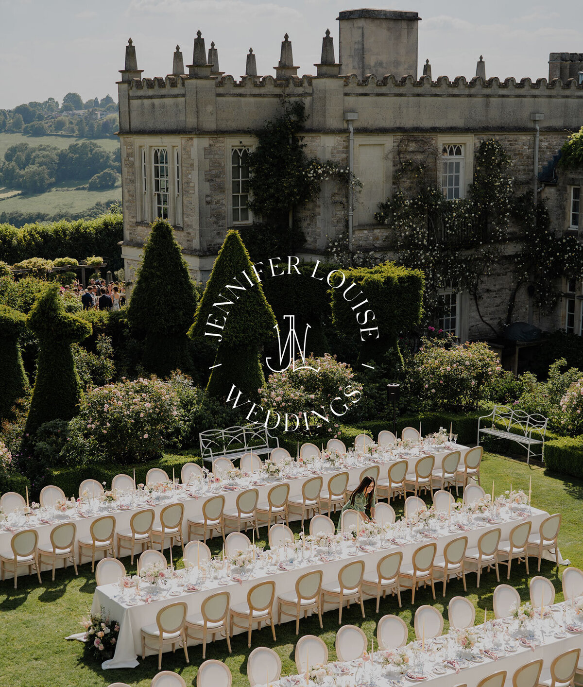 Sophisticated logo overlay on event planner brand imagery, designed for a premium aesthetic.